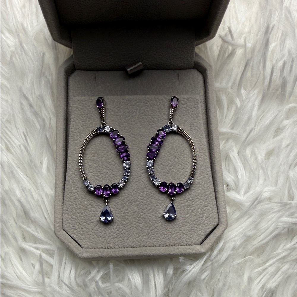 Amethyst Halo Teardrop Drop Earrings